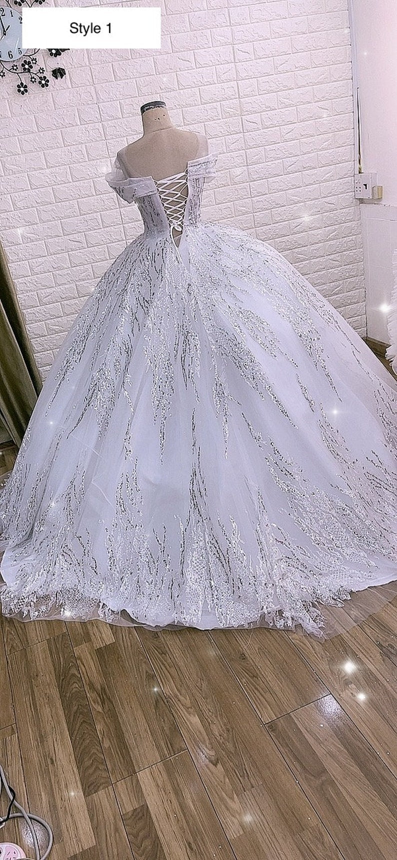 Luxurious white queen style sleeves beaded crystals sparkle ball gown wedding dress with glitter tulle