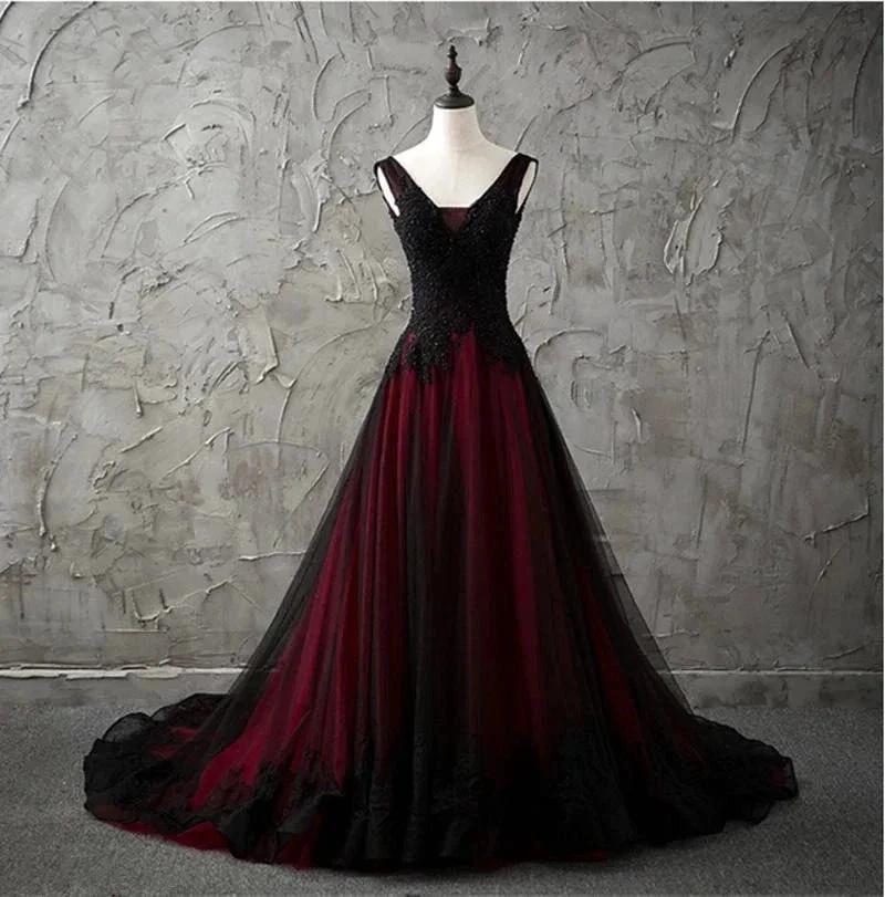 Gothic V-Neck Sleeveless Black and Red Wedding Dresses Lace Appliques Beading Country Chic Wedding Dresses Low Back Wedding Y1461 by simplepromdress