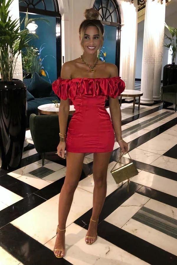 Red Satin Ruffle Sleeve Bardot Mini Dress Homecoming Dress (ZD12428)