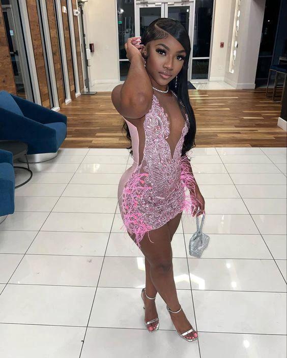 Luxurious Heavy Beaded Pink Homecoming Dress 22nd Birthday Outfit Dress Y1828 by simplepromdress