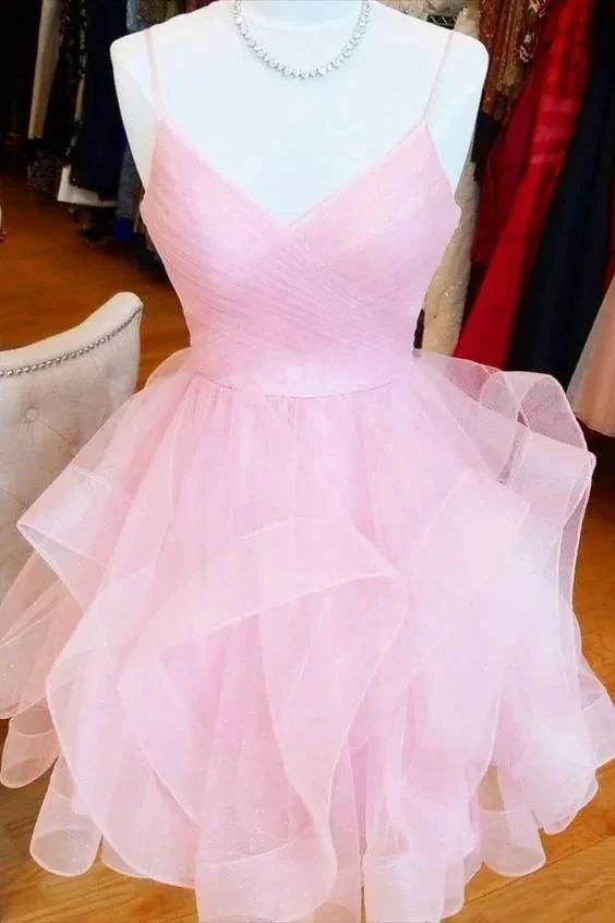 short pink A-line homecoming dress birthday dress with ruffled skirt (ZD12424) - VelvetHem