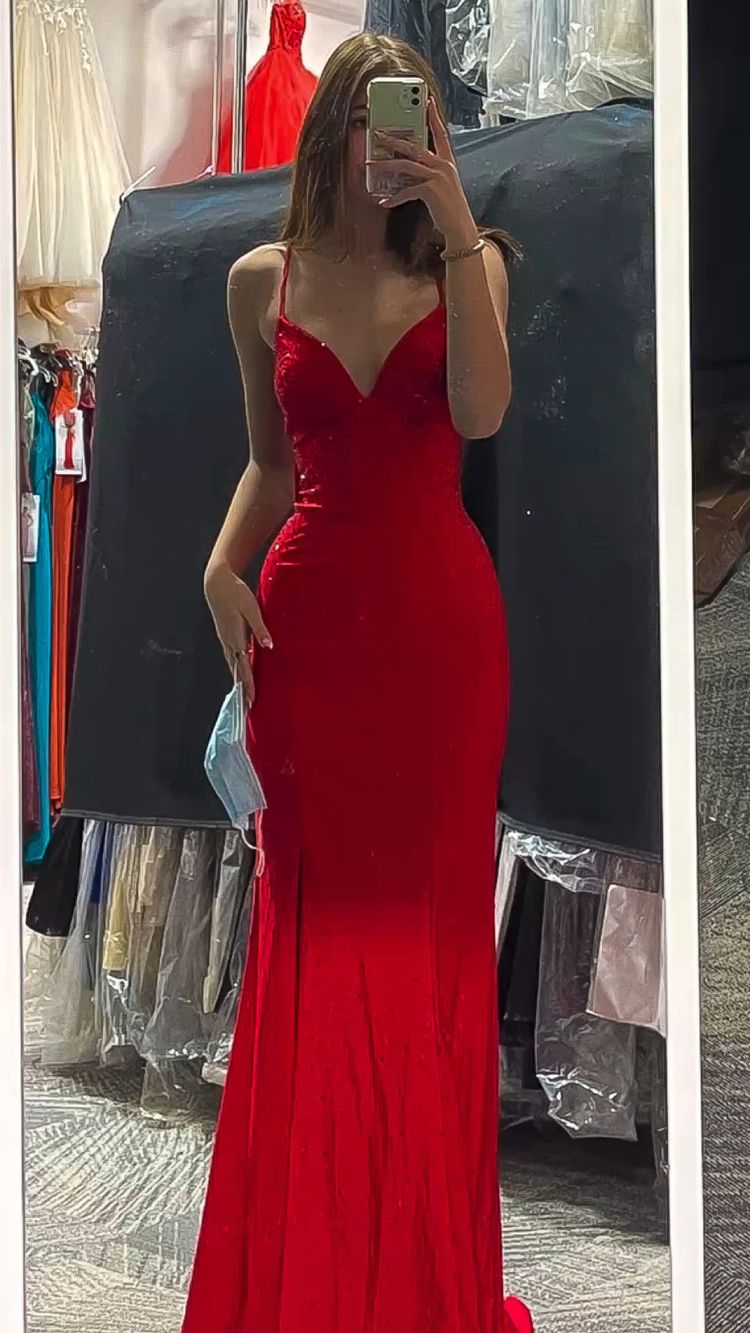 Red Spaghetti Straps Sheath Prom Dress,Red Evening Dress,Graduation Dress Y1835 - VelvetHem