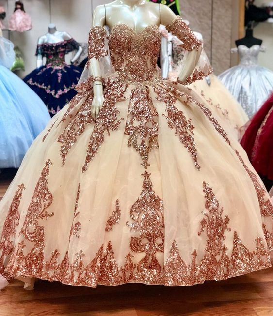 Bling Sequin Appliques Quinceanera Dresses With Removable Sleeve Sweetheart Ball Gown Y526 - VelvetHem