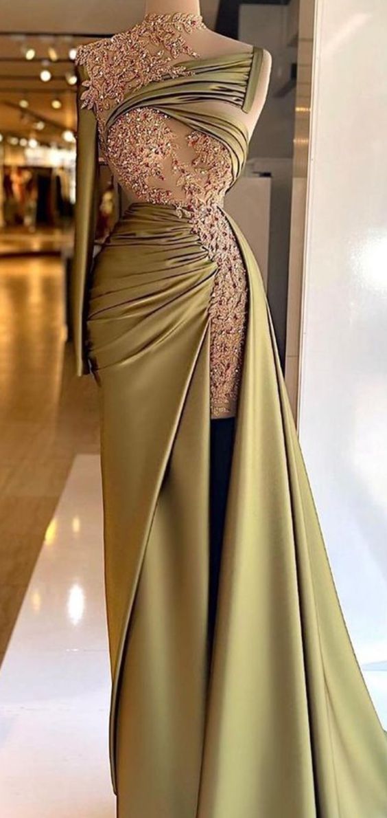 One Sleeve Mermaid Olive Green Satin Long Prom Dress Charming Evening Dress Y520 - VelvetHem