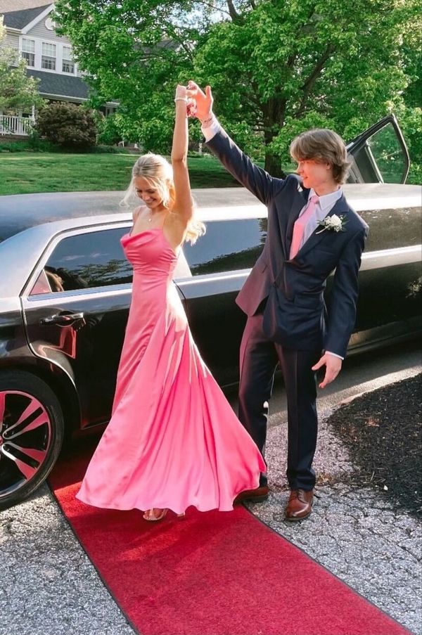 Sweet pink satin prom dresses spaghetti straps sheath long evening dress Y538 - VelvetHem