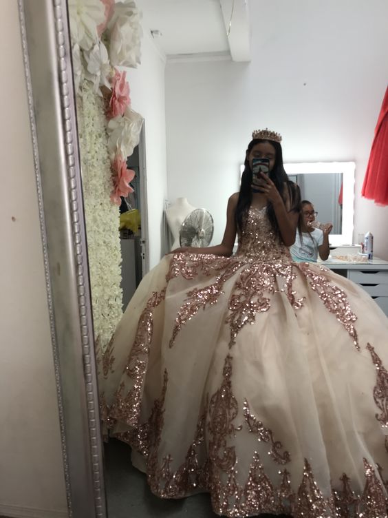 Rose Gold Sequins Applique Quinceanera Dresses Sweetheart Lace-up Corset Princess Dress Ball Gown Y581 - VelvetHem