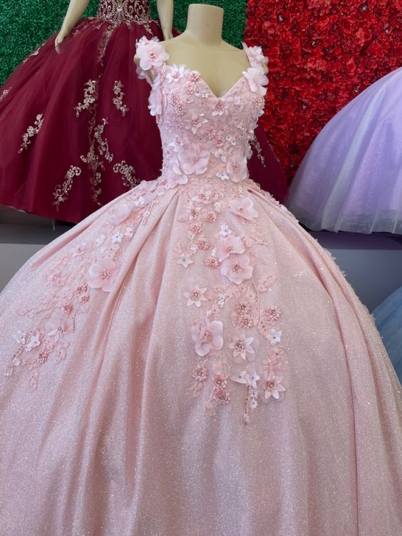 Glitter Pink 3D Flowers Ball Gown Sweet 16 Dress Y598 - VelvetHem