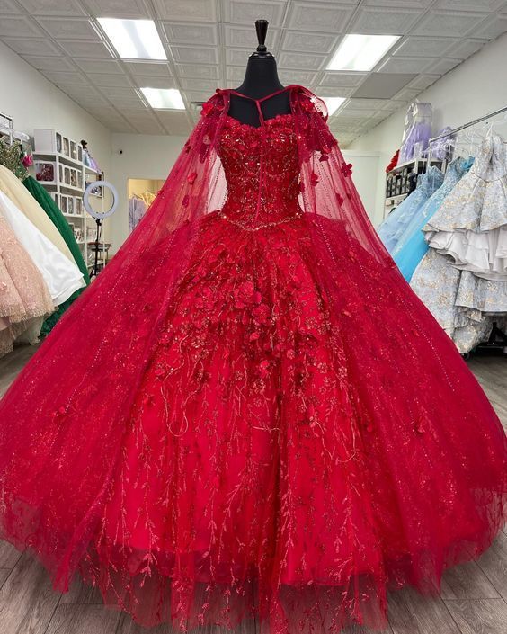 Red Quinceanera Dresses 3D Flowers Appliques Ball Gown Sweet 16 Dress Y585 - VelvetHem