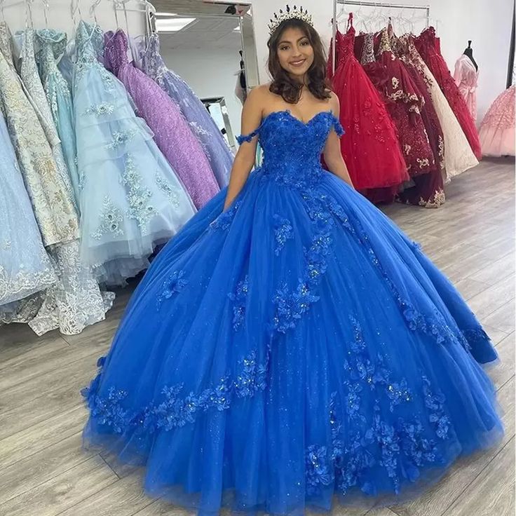 Royal Blue Off-Shoulder Ball Gown Quinceanera Dresses Fashion 3D Flower Tulle Sweet 16 Princess Dress Y524 - VelvetHem