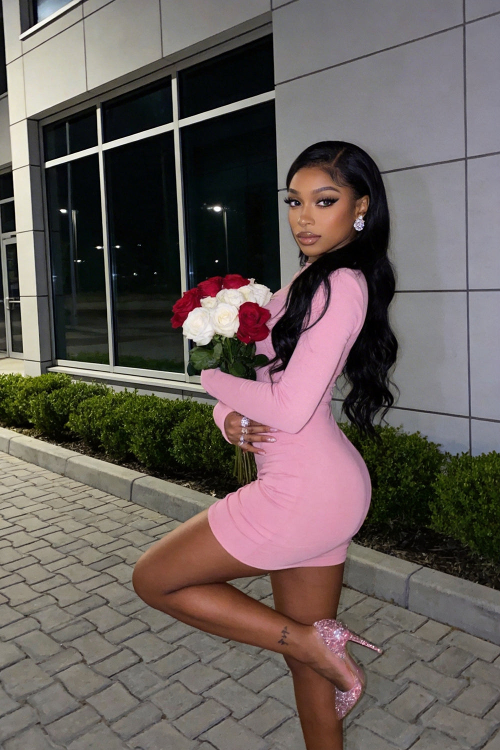 19th Birthday Outfit Pink Long Sleeves Tight Dress Sexy Homecoming Dress Y649 by simplepromdress