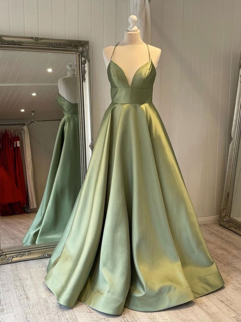 Simple Satin V-neck Prom Dresses A-line Long Evening Dresses Womens Dresses Formal Gown - VelvetHem
