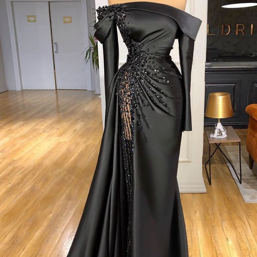Sexy Black Long Satin Prom Dress Off The Shoulder See Through Beaded Top Pageant Women Party Dresses - View 2 | VelvetHem