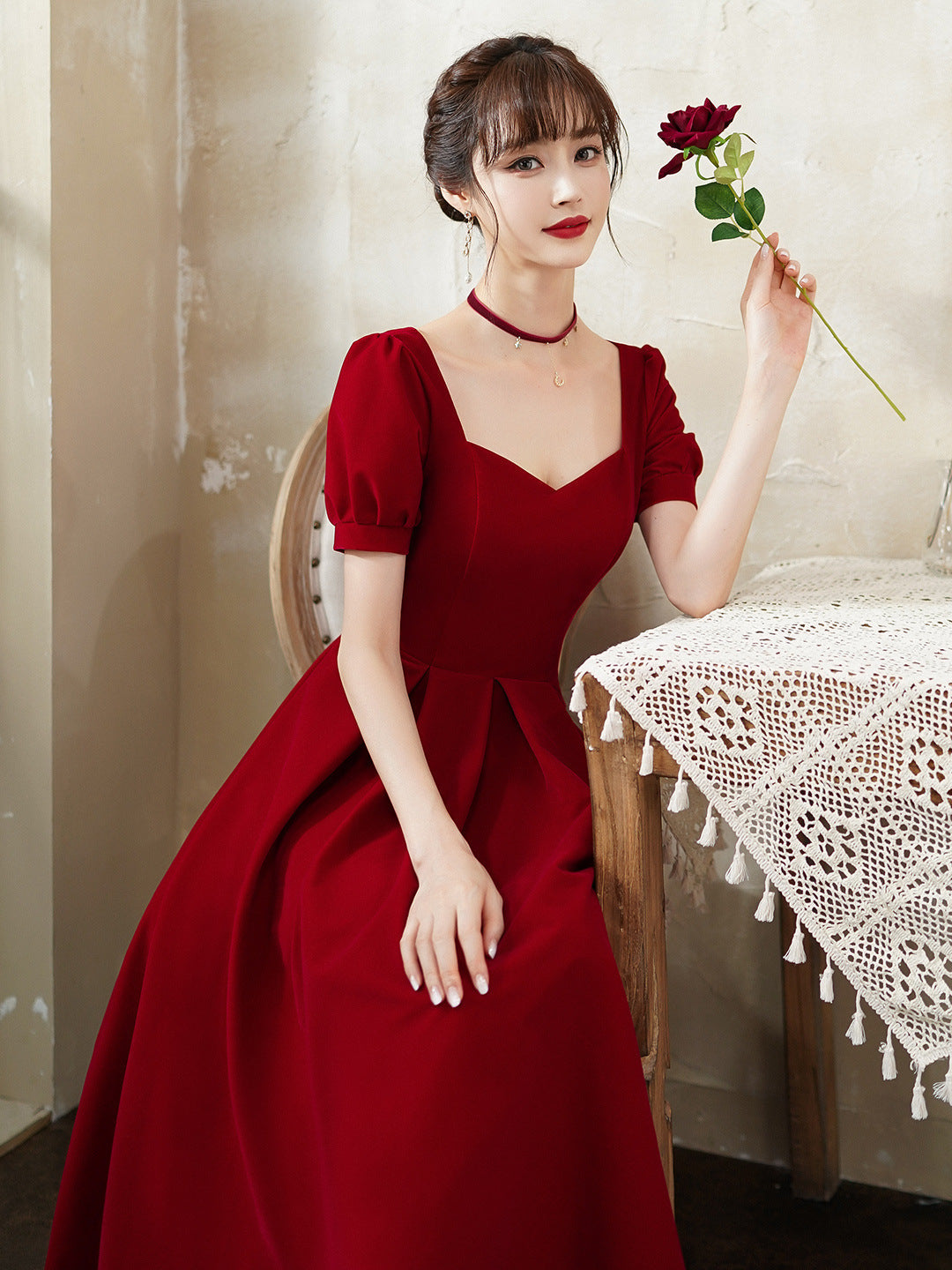 Burgundy party dress, short sleeve midi dress custom made prom dress - VelvetHem