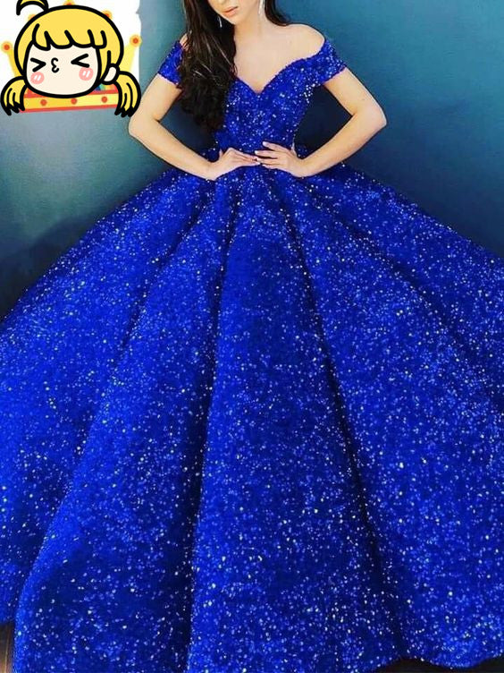 Royal Blue Ball Gown Off The Shoulder Prom Dress - VelvetHem