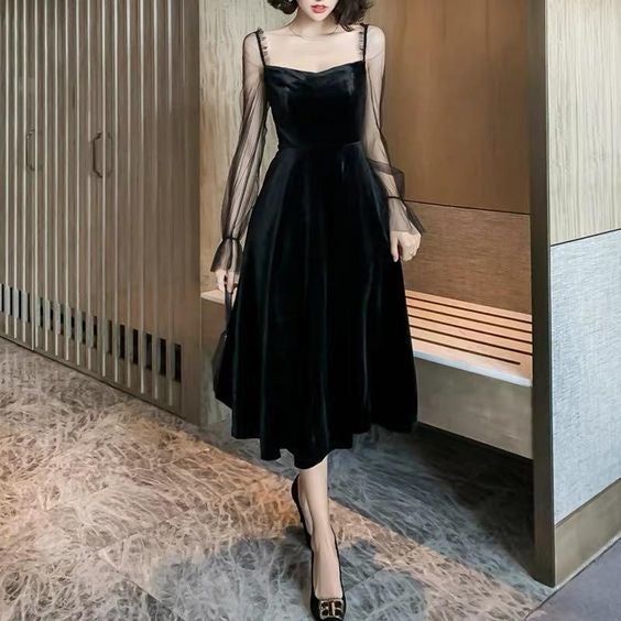 Black formal dress vintage velvet evening dress long sleeve party dress slimming prom dress simple party dress - VelvetHem
