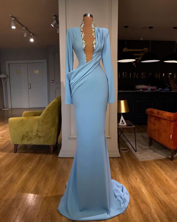 blue evening dress, deep v neck evening dress, lace applique evening dress - VelvetHem