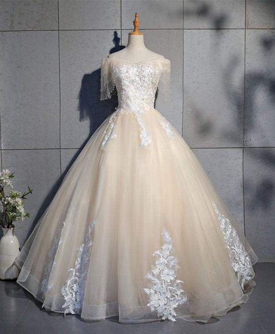 Champagne tulle lace long prom dress, champagne tulle evening dress - VelvetHem