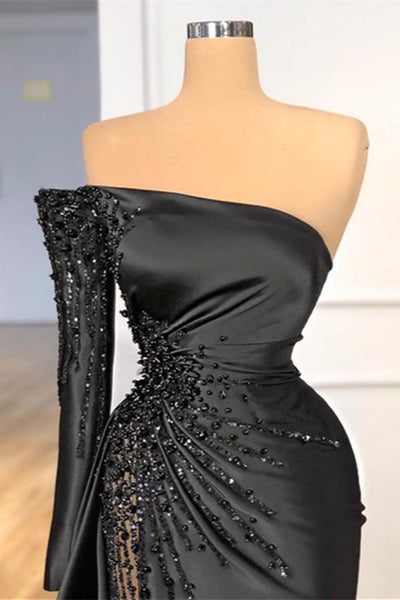 Glamorous Black Long Sleeve One Shoulder Prom Dress Beadings Evening Dress - VelvetHem
