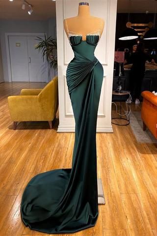 Gorgeous Dark Green Spaghetti-Straps Mermaid Prom Dress With Beadings - VelvetHem