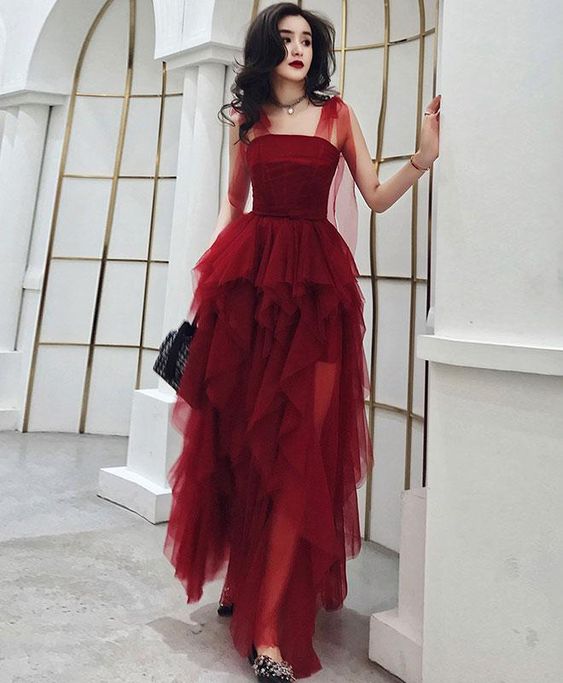 Burgundy Sweetheart Tulle Long Prom Dress, Burgundy Evening Dress - VelvetHem
