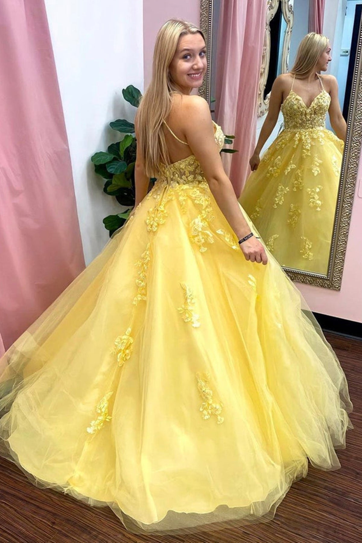 V Neck Open Back Yellow Tulle Lace Long Prom Dresses, Yellow Lace Formal Dresses, Yellow Evening Dresses - VelvetHem