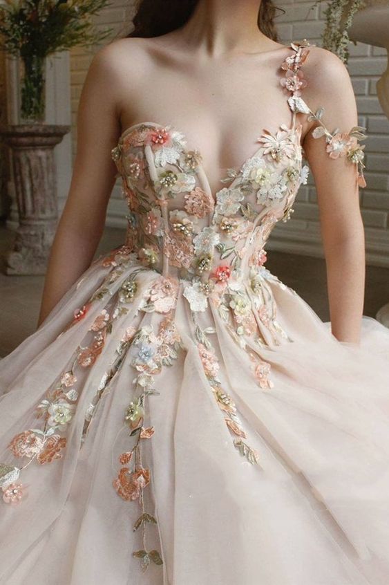 Charming One Shoulder Floral Champagne Long Prom Dresses, 3D Flowers Champagne Formal Evening Dresses - VelvetHem