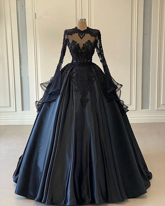 Ball Gown Black Long Sleeves Lace Prom Dresses,Beading Formal Evening Dresses - VelvetHem