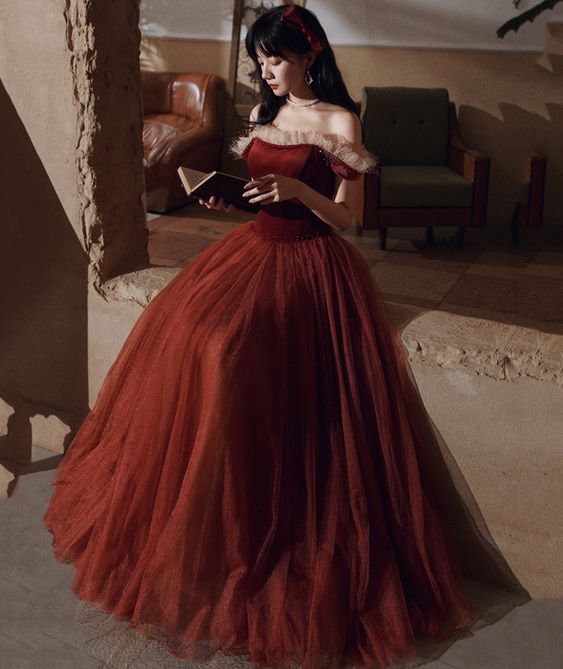 Burgundy velvet tulle long prom dress evening dress