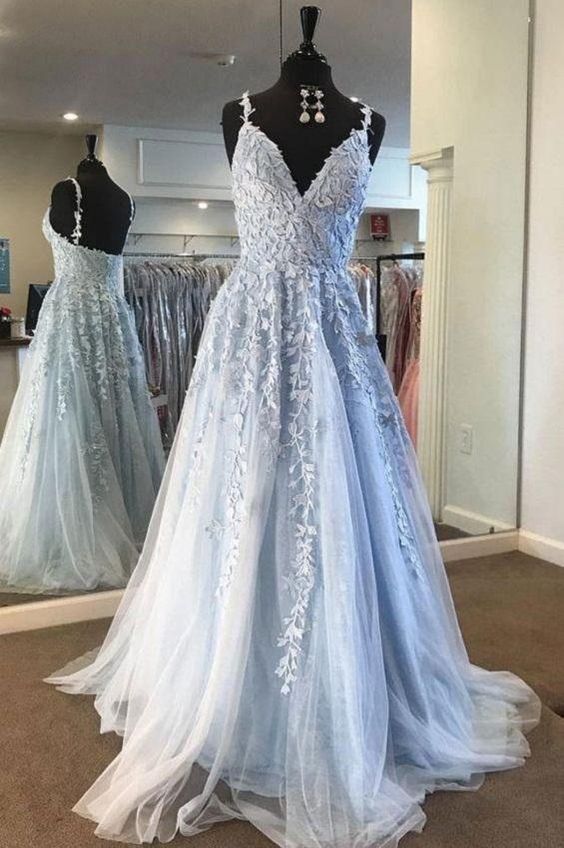 Fairy Light Blue Lace Appliques Tulle A-line Long Prom Dress - VelvetHem