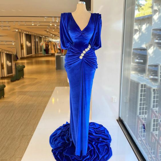 Royal Blue Velvet Mermaid Prom Dress Long Puffy Sleeves V-Neck Evening Dress Pleats Beading Evening Gowns - VelvetHem