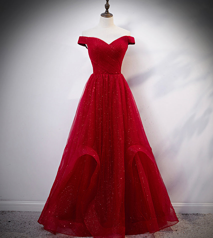 Burgundy tulle long prom dress evening dress - VelvetHem