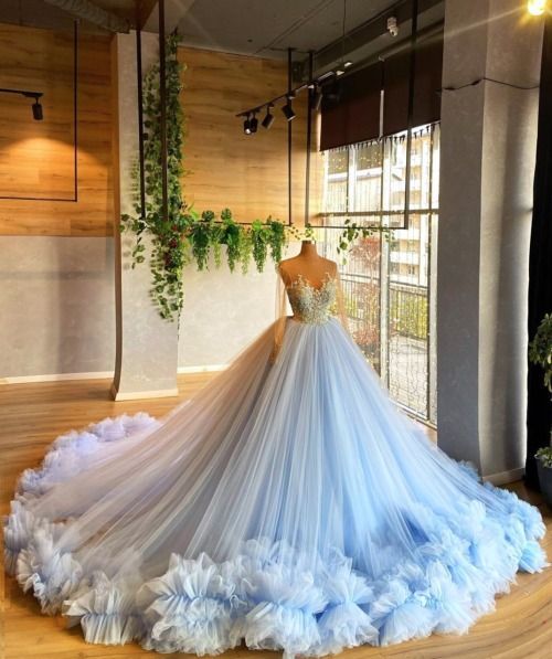 Long Sleeves Light Blue Ball Gown Sweet 16 Dress - VelvetHem