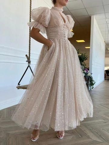 Prom Dresses Sparkly Half Puff Sleeves Wedding Party Dresses - VelvetHem