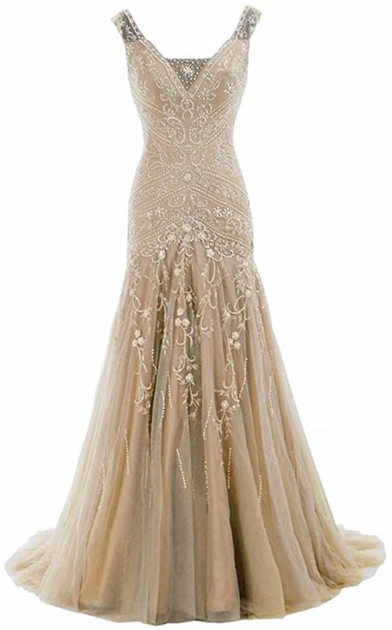 Mermaid V Neck Beaded Long Prom Dress Evening Gowns - VelvetHem