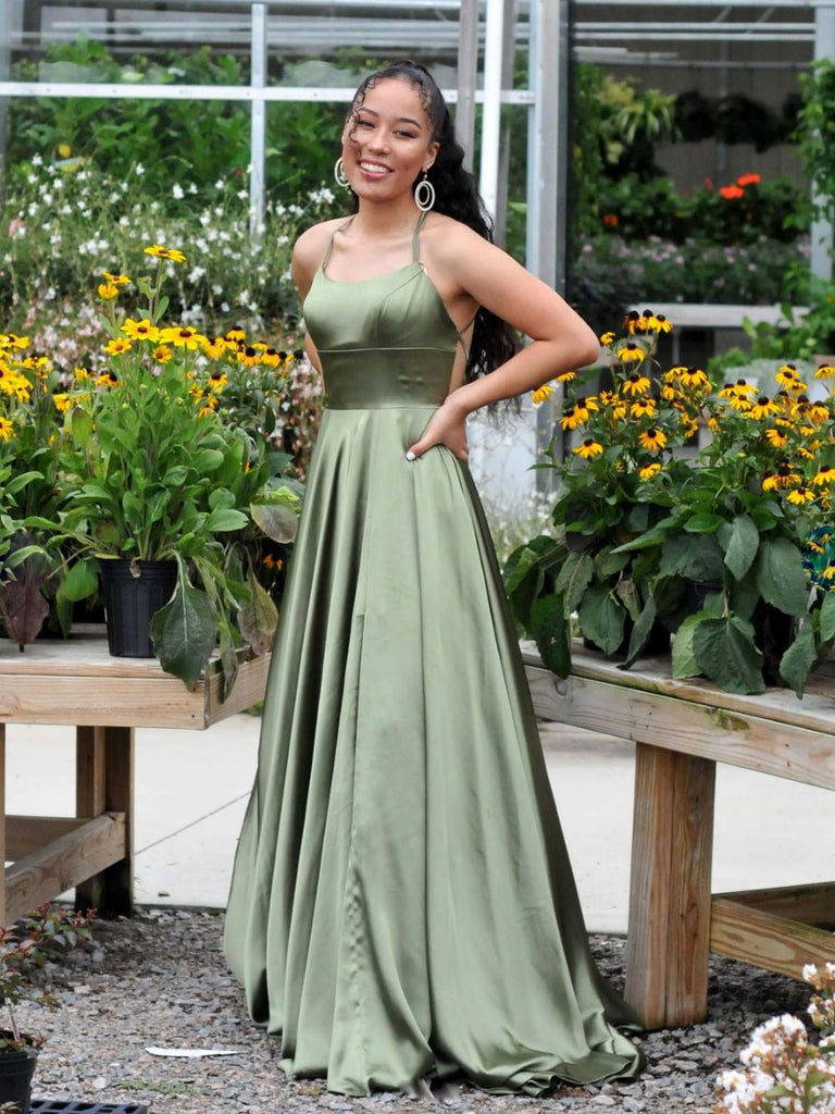 Simple green satin long prom dress, green evening dress - VelvetHem