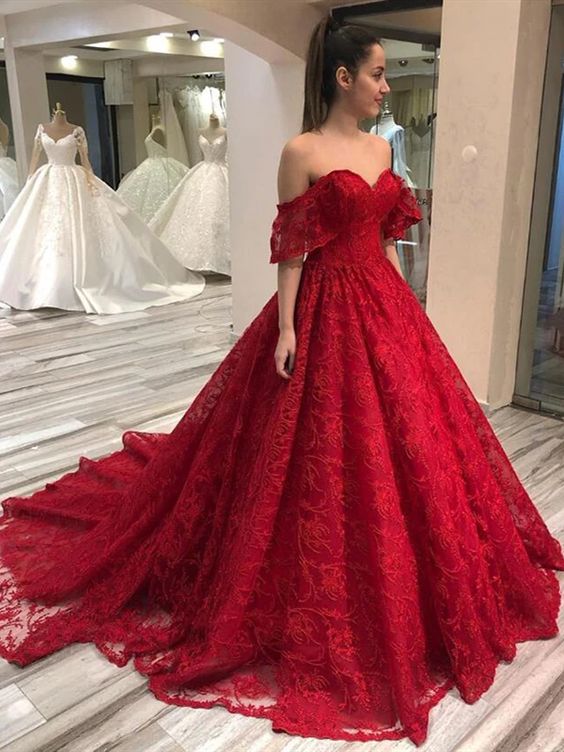 Off Shoulder Long A-line Red Lace Prom Dresses, Formal Dresses, Long Prom Dresses - VelvetHem