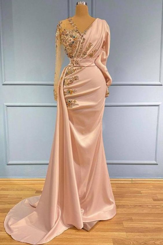 Elegant V-Neck Long Sleeves Mermaid Prom Dress with Gold Sequins Appliques - VelvetHem