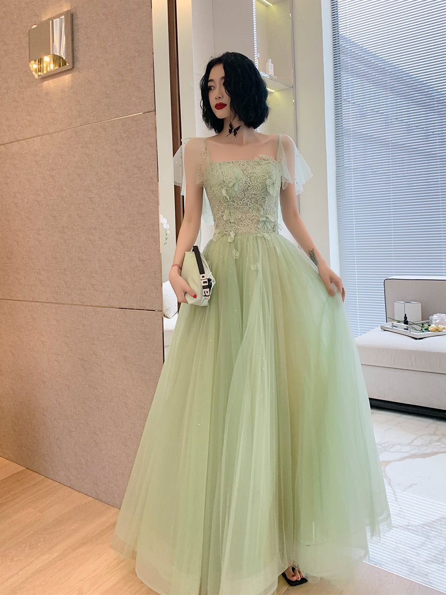 Light Green Tulle with Lace Cap Sleeves Long Evening Dress, Beautiful Green FormaL Dresses - VelvetHem