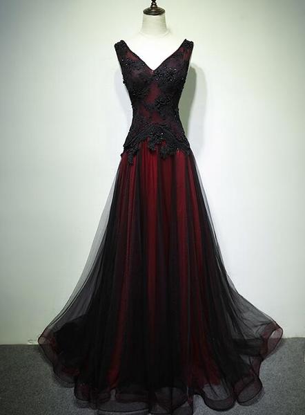 Gorgeous Black And Red V-Neckline Tulle Beaded Prom Dress, Long Evening Gown - VelvetHem