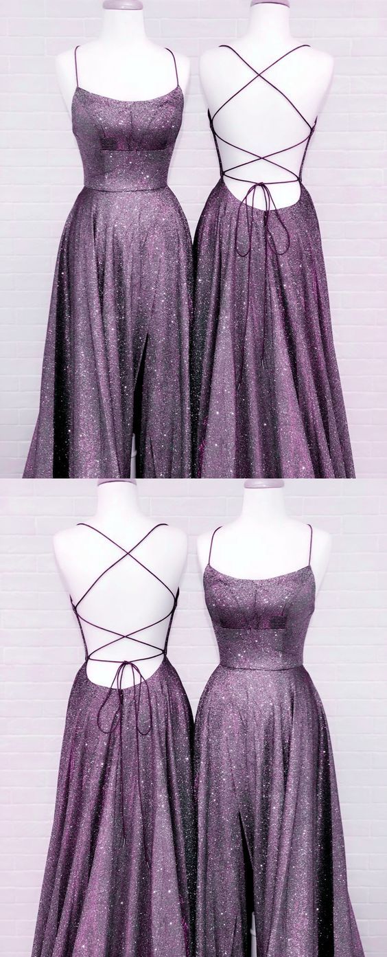 Purple Glitter Prom Dresses Side Split Lace Up Back - VelvetHem