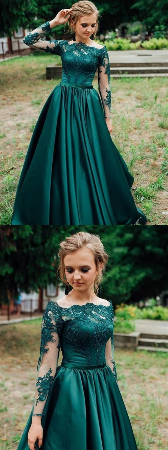 Gorgeous Prom Dress, Dark Green Prom Dress, Long Sleeves Prom Dress, Lace Prom Dress - VelvetHem
