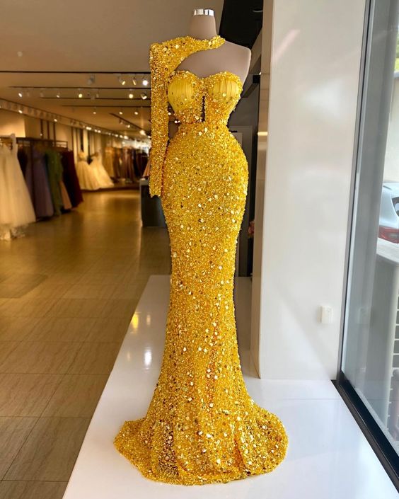 yellow sequin mermaid long prom dress, sexy evening dress - VelvetHem