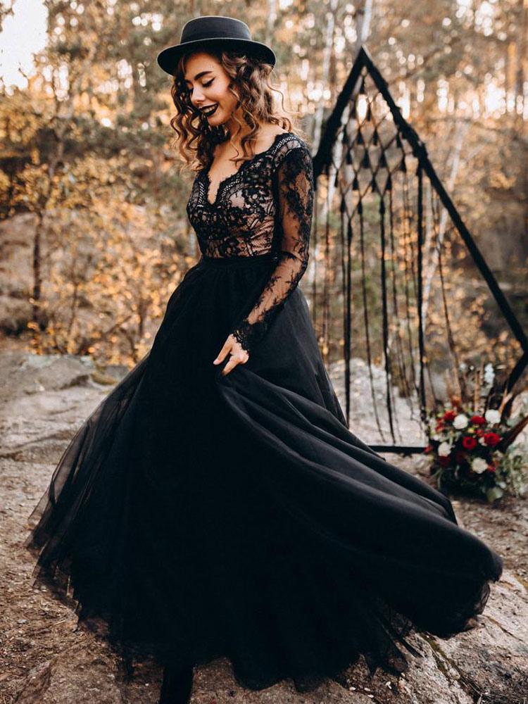 Black Long Sleeves Lace Evening Dress Tulle Party Dress - VelvetHem