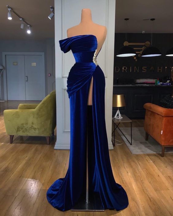 One Shoulder Royal Blue Velvet Evening Dress with Slit - VelvetHem