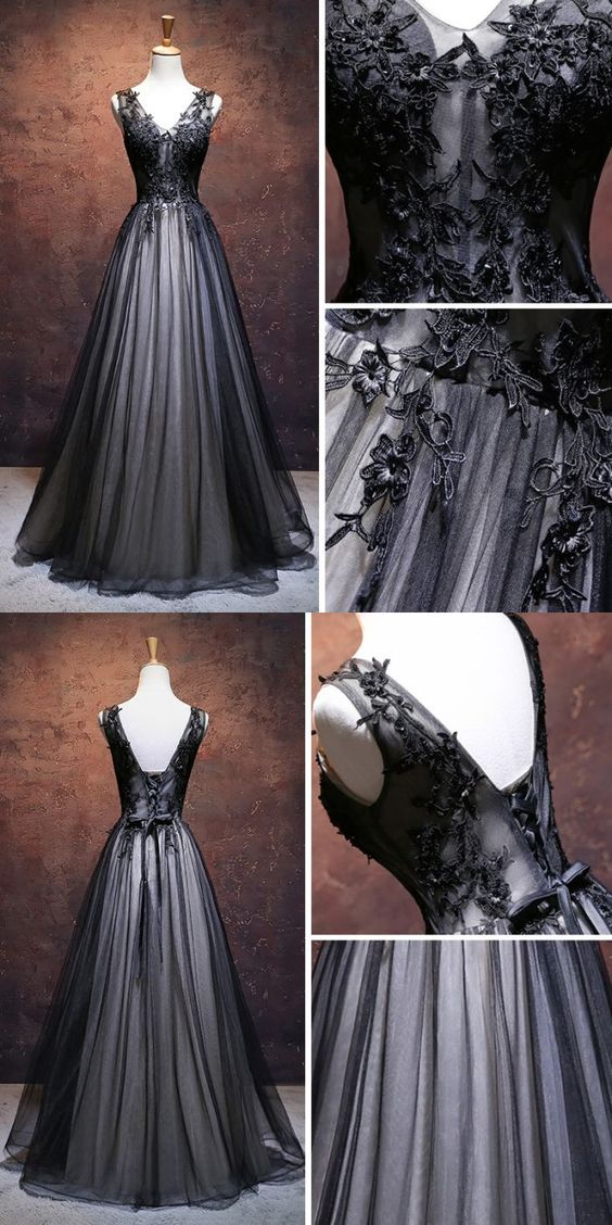 A-line V Neck Black Lace Tulle Prom Dress - VelvetHem