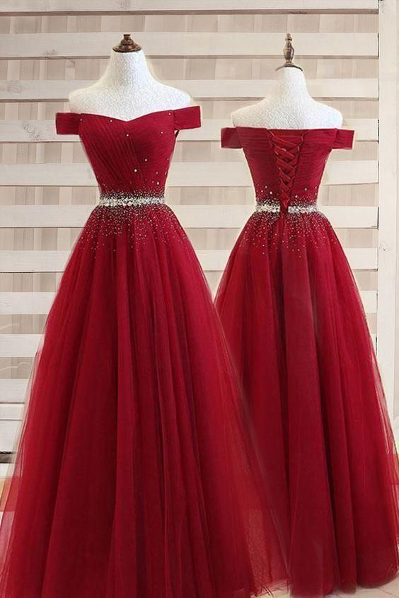 Burgundy A line Off the shoulder Sweetheart Prom Dresses, Beads Evening Dresses - VelvetHem