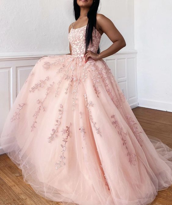 Pink lace long prom dress A line evening dress - VelvetHem