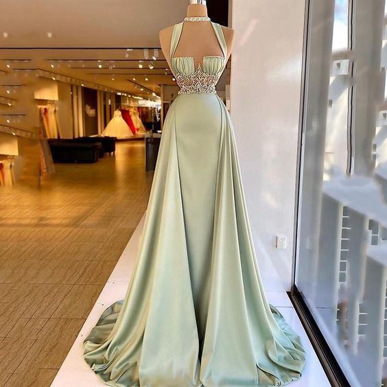 Arabic Green Mermaid Evening Dress Elegant Sleeveless Halter Neck Soft Satin Beading Prom Dresses Long Party Gown - VelvetHem