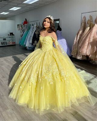 Yellow Ball Gown Quinceanera Dresses Prom Gowns 3D Flowers Beaded Sweet 15 Party Wear - VelvetHem