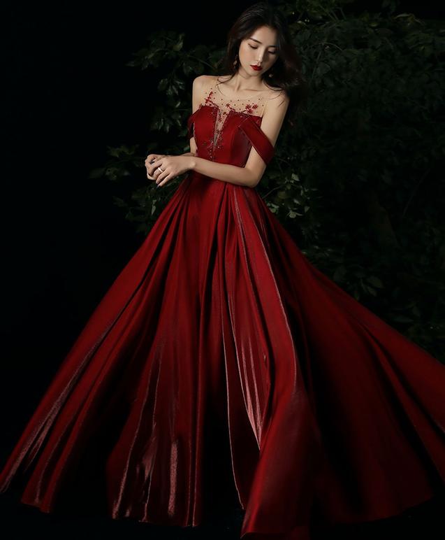 Burgundy round neck beads long prom dress burgundy evening dress - VelvetHem